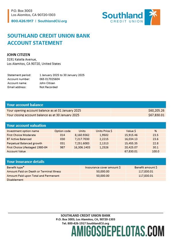 em branco Extrato bancário da União de Crédito dos EUA Califórnia Southland, modelo Word e PDF